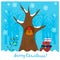 Christmas illustration with cute owl in a hollow tree
