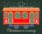 Christmas illustration, cute red New Year tram decorated with Christmas trees and snowflakes. Lettering. Design for postcards