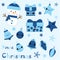 Christmas illustration with cute snowman, bell, gift, star and Xmas ornaments on blue color suitable for Children Xmas sticker and