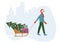 Christmas illustration. A man in a sleigh carries a Christmas tree with a garland and balls. Gifts in decorated boxes. Man wears a