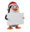 Christmas illustration. Penguin in a red hat with a blank board on a white background. 3d rendering