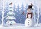 Christmas illustration. Snowman, Christmas tree, wild bird, winter landscape.