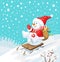 Christmas illustration. Snowman on sled with christmas gifts.