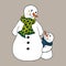 Christmas illustration. Snowmen in scarves, adults and children. Christmas card.