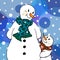 Christmas illustration. Snowmen in scarves, adults and children. Christmas card.