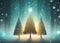 Christmas Illustration - Three glowing pine trees in a magical misty forest with snowflake