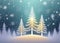 Christmas Illustration - Three glowing pine trees in a magical misty forest with snowflake