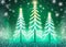 Christmas Illustration - Three glowing pine trees in a magical misty forest with snowflake