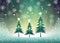 Christmas Illustration - Three glowing pine trees in a magical misty forest with snowflake