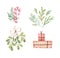 Christmas illustrations with eucalyptus, fir branch, candy, mistletoe and gift boxes - Watercolor illustration. Happy new year. Wi