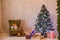 Christmas Interior home Christmas tree and gifts new years winter Garland lights