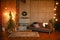 Christmas interior in the style of a Scandinavian loft: gray concrete, wooden decor, incandescent lamps, realistic artificial Chri