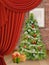 Christmas interior with tree and red curtain