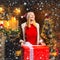 Christmas joy. Woman wooden interior christmas decorations garland lights. Christmas tree. Pleasant moments. Filled with