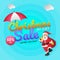 Christmas in July Sale, poster, banner or flyer design with Santa Claus holding his gift sack, clouds, umbrella and 50% off offer