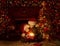 Christmas Kids Opening Lighting Presents Gifts under Xmas Tree, Child Baby Boys in Red Hats, Nights Scene