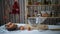 Christmas kitchen. Ingredients and tools for baking at festive kitchen