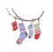 Christmas knitted socks decor illustration. Watercolor tree branch stocking illustration, isolated. Scandinavian style