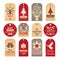 Christmas labels. Holiday tags and badges with funny winter new year elements and vector snow illustrations