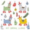 Christmas lamas in boots and hats doodle collection. Perfect for poster, stickers and print. Hand drawn vector illustration