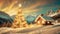Christmas landscape of a Christmas tree and house and snow, with mountains , video animation
