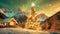 Christmas landscape of a Christmas tree and house and snow, with mountains , video animation