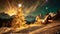 Christmas landscape of a Christmas tree and house and snow, with mountains , video animation