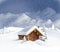 Christmas landscape - hut, snow, pine trees