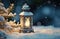 Christmas lantern over blurred winter background with falling snow and pine tree branches. Generative AI