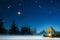 Christmas lantern on white snow.Winter blue background.
