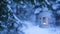 Christmas lantern in the woods. Snowy forest and a lantern