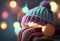 Christmas lanterns in a hat close-up against the background of lights. AI Generated