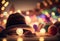 Christmas lanterns in a hat close-up against the background of lights. AI Generated