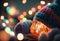 Christmas lanterns in a hat close-up against the background of lights. AI Generated