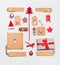 Christmas layout with craft paper wrapping gift boxes, tags, cookies, red holiday decoration, present, spices, Santa hat