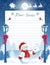 Christmas layout letter to Santa Claus with wish list and cartoon funny Snowman with envelope against winter forest background and