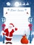 Christmas layout letter to Santa Claus with wish list and cartoon Santa with gift bag against winter forest background and street