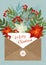 Christmas letter with flower and plants. Vector Holiday poster with poinsettias, holly berries, rowan, fir and playing