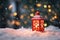 Christmas light lantern over blurred winter background with falling snow. Generative AI