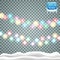 Christmas lights. Colorful christmas garland. Vector blue incandescent light bulbs on wires with icicles and snow