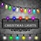Christmas lights decorations set on black abstract geometric rumpled triangular graphic background. Vector