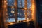 christmas lights draped over a snowy window