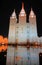 Christmas lights and mormon temple reflection