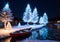 Christmas Lights On A Rowboat, Docked In A Frozen River. Generative AI