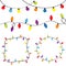 Christmas lights set. Colorful string fairy light. Round and square empty frame. Holiday festive round xmas decoration. Lightbulb