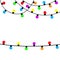 Christmas lights string. Colorful fairy light set. Holiday festive xmas decoration. Lightbulb glowing garland. Round cone shape.