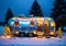 Christmas Lights On A Vintage Airstream, In A Snowy Camping Site. Generative AI