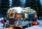 Christmas Lights On A Vintage Airstream, In A Snowy Camping Site. Generative AI