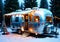 Christmas Lights On A Vintage Airstream, In A Snowy Camping Site. Generative AI