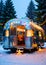 Christmas Lights On A Vintage Airstream, In A Snowy Camping Site. Generative AI